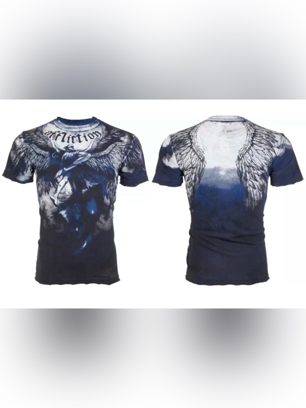Affliction Men’s Dark Blue Distressed Angel Wing T-Shirt “Upward Wings” Y2K 2xl